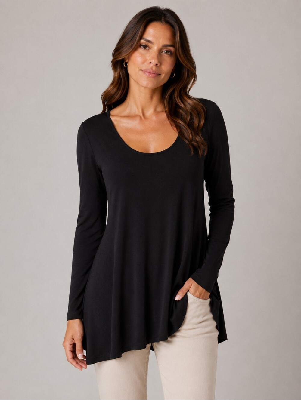 ZENANA Black Long-Sleeve Scoop Neck Swing Tunic